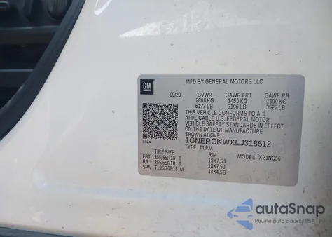 2020 Chevrolet Traverse Fwd Lt Cloth z USA, uszkodzony, nr VIN 1GNERGKWXLJ318512